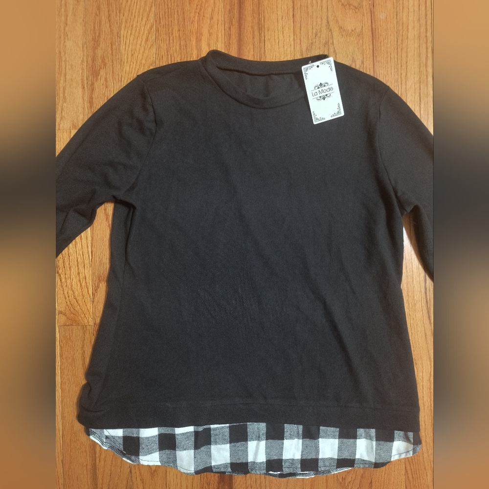 Pick 3/$10⭐ NWT La Mode Shirt W/Plaid Faux Shirttail, Women's XL, Black/White - Picture 4 of 14